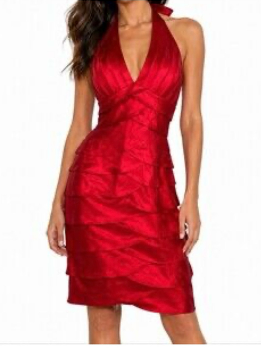 Red Cache Y2K Halter Satin Mini Dress Bodycon Ruffle Size 8